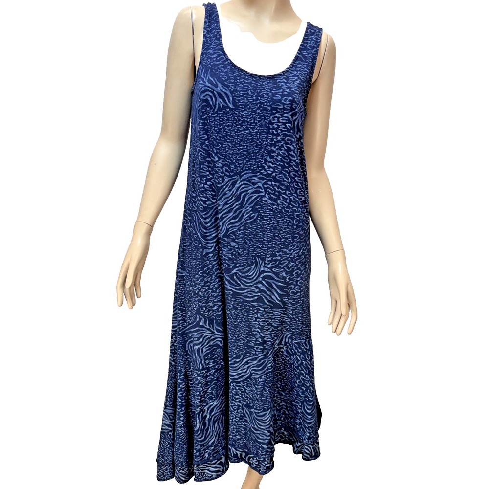 Fresh Produce Maxi Flare Tank Dress Size M Blue Cotton Jersey Layer Hem Made USA
